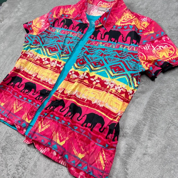 Chico’s Elephant Print Button Shirt Women’s Size 2 (XL) Tribal Boho Top - Picture 6 of 9